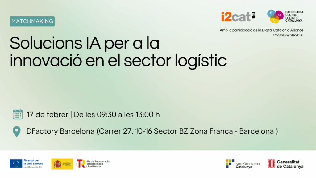 Cartell informatiu del matchmaking “Solucions IA per a la innovació en el sector logístic”, el 17 de febrer a DFactory Barcelona.